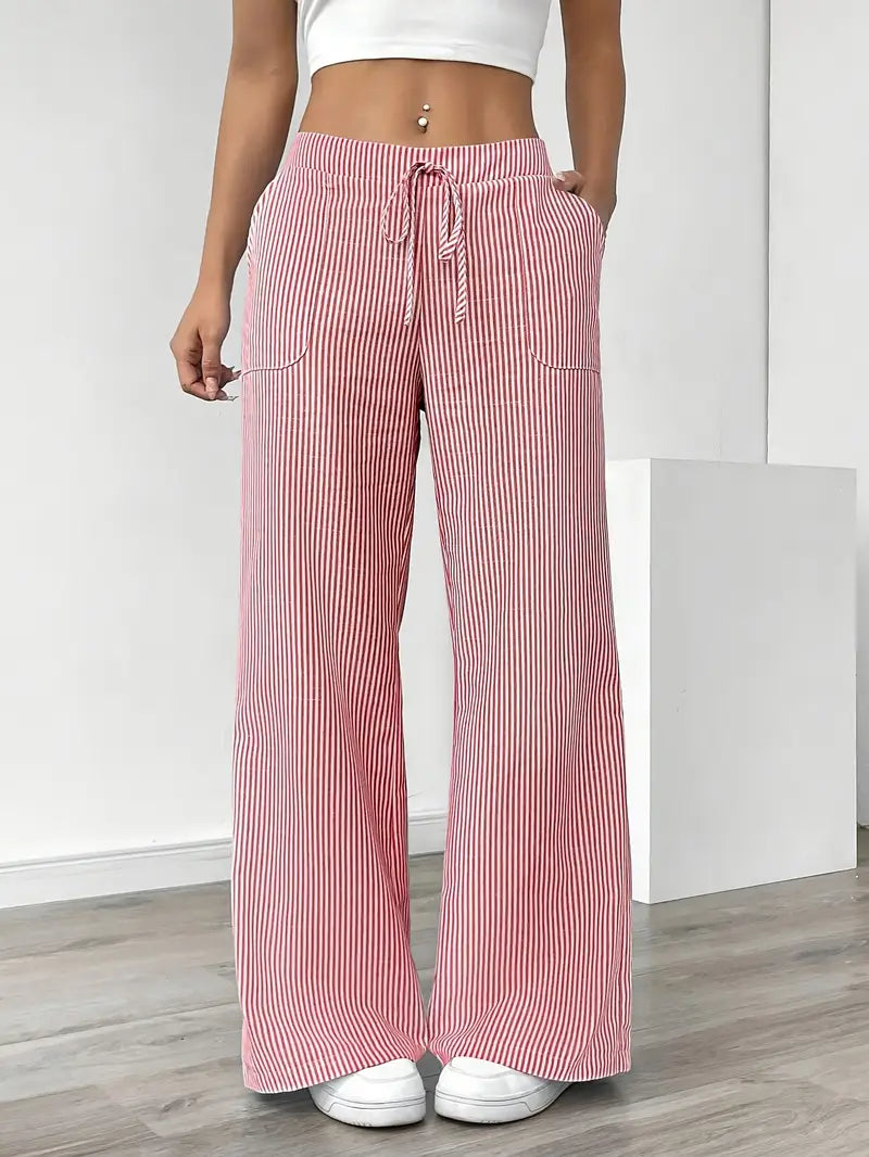 Pantalon large rayé femme, taille haute à cordon, poches, rose