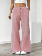 Pantalon large rayé femme, taille haute à cordon, poches, rose