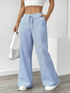 Pantalon large rayé femme, taille haute à cordon, poches