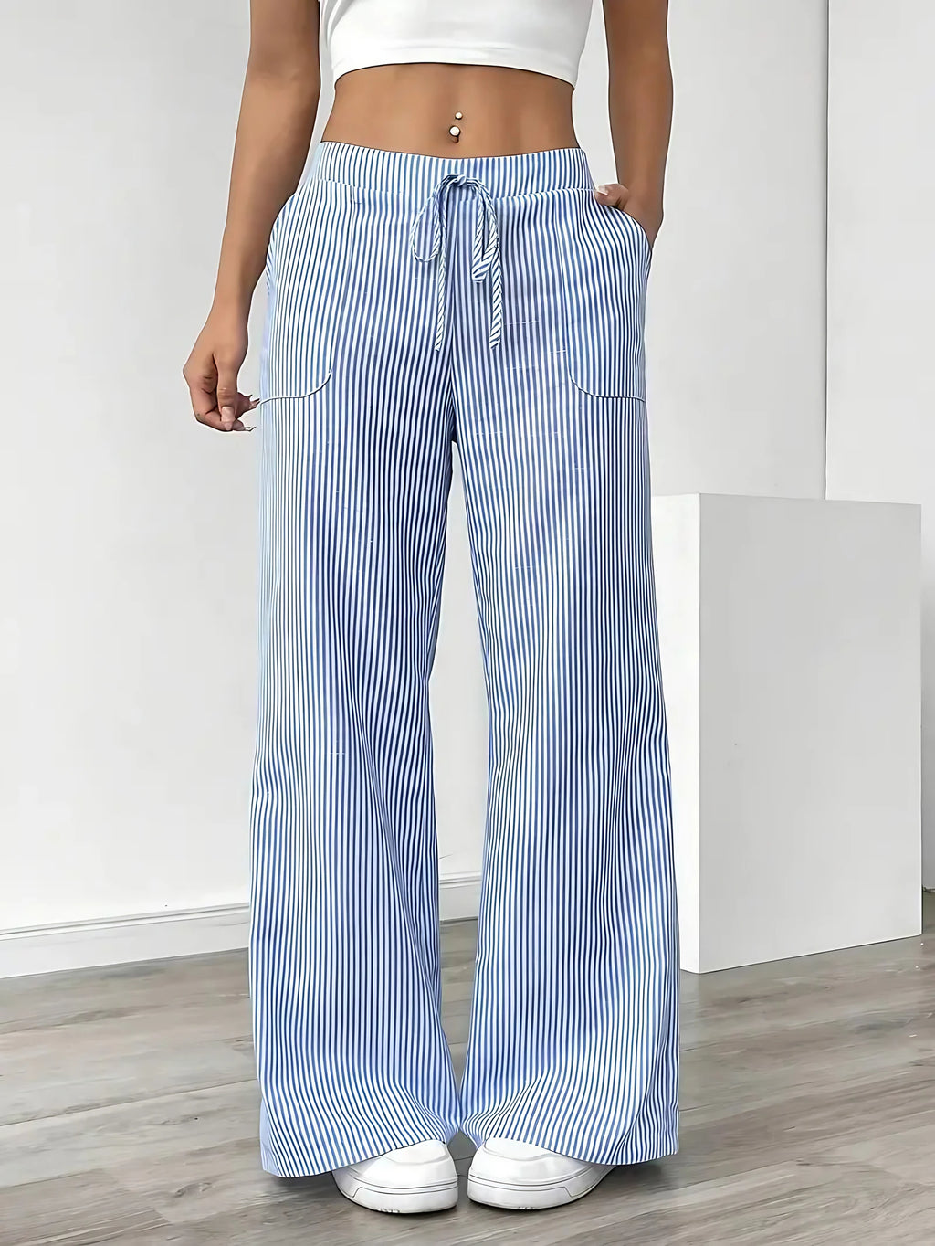 Pantalon large rayé femme, taille haute à cordon, poches, bleu