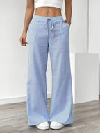 Pantalon large rayé femme, taille haute à cordon, poches, bleu