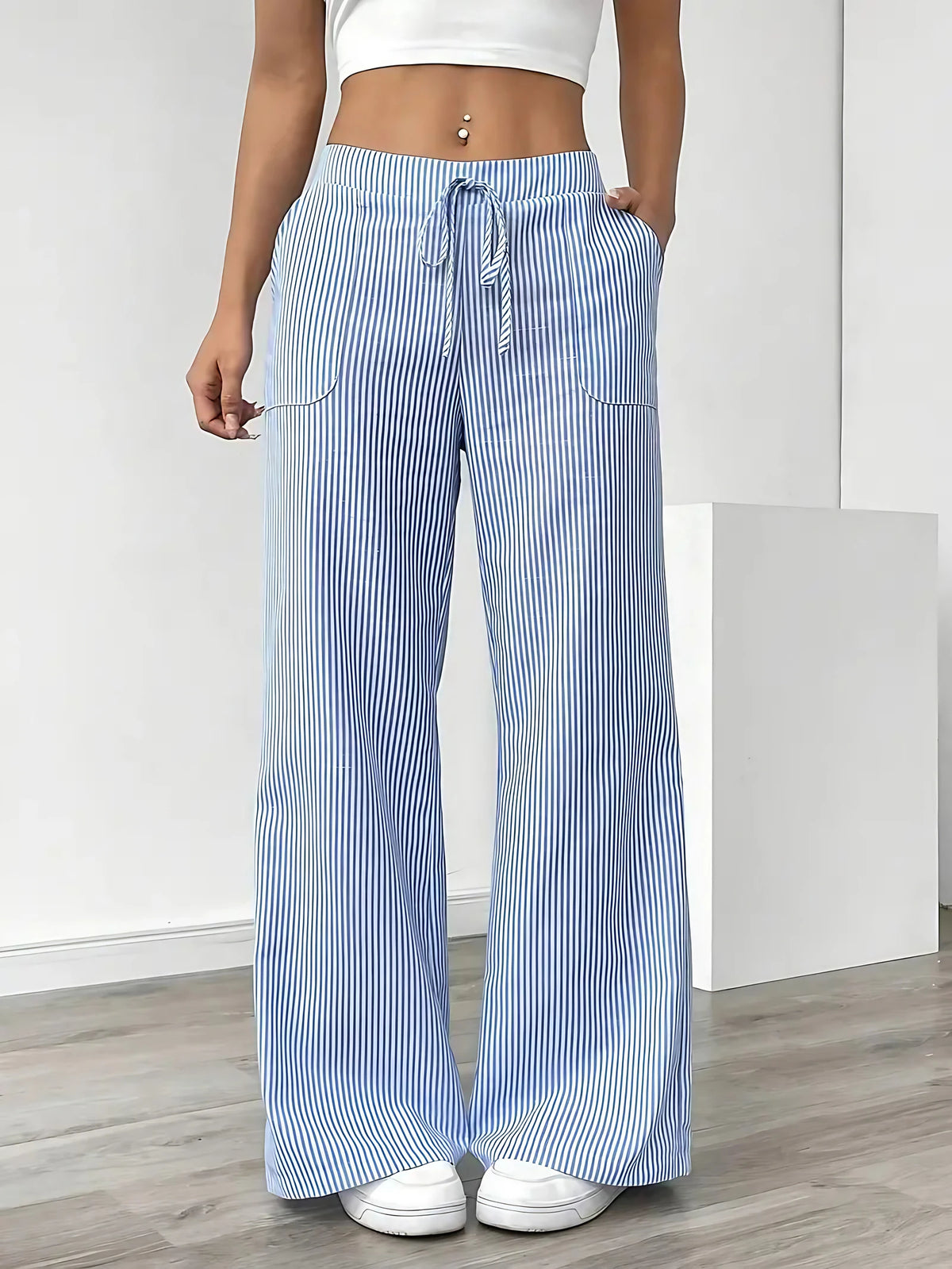 Pantalon large rayé femme, taille haute à cordon, poches, bleu