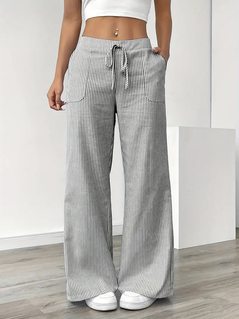 Pantalon large rayé femme, taille haute à cordon, poches, gris