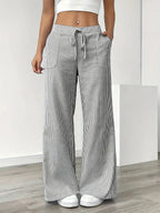 Pantalon large rayé femme, taille haute à cordon, poches, gris