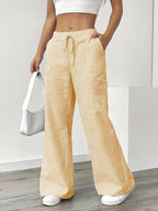 Pantalon large rayé femme, taille haute à cordon, poches