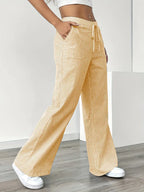 Pantalon large rayé femme, taille haute à cordon, poches