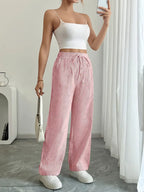 Pantalon large rayé femme, taille haute à cordon, poches