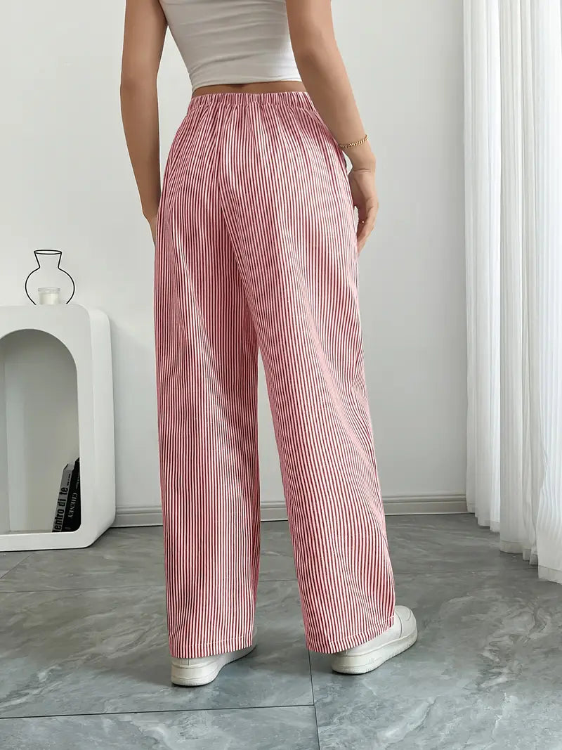 Pantalon large rayé femme, taille haute à cordon, poches