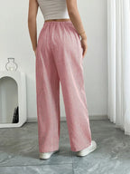 Pantalon large rayé femme, taille haute à cordon, poches
