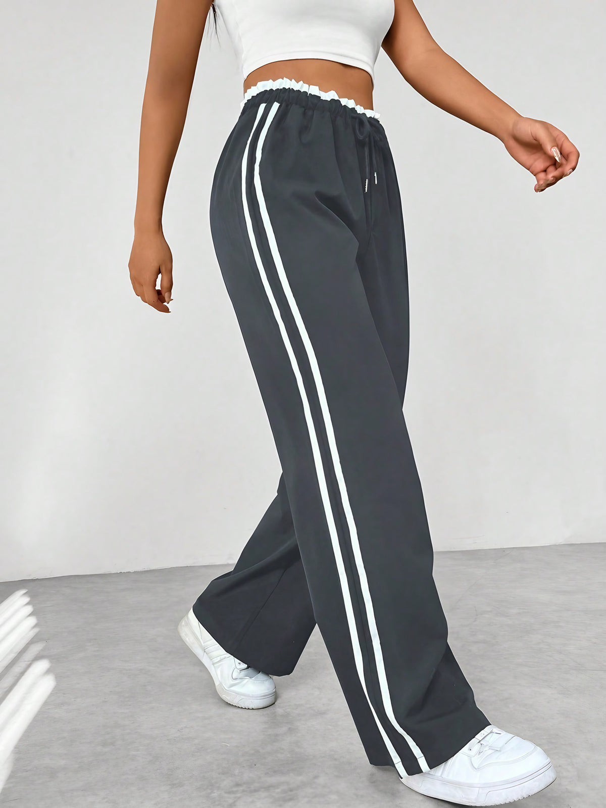 Pantalon large femme à bandes latérales, taille élastique, gris