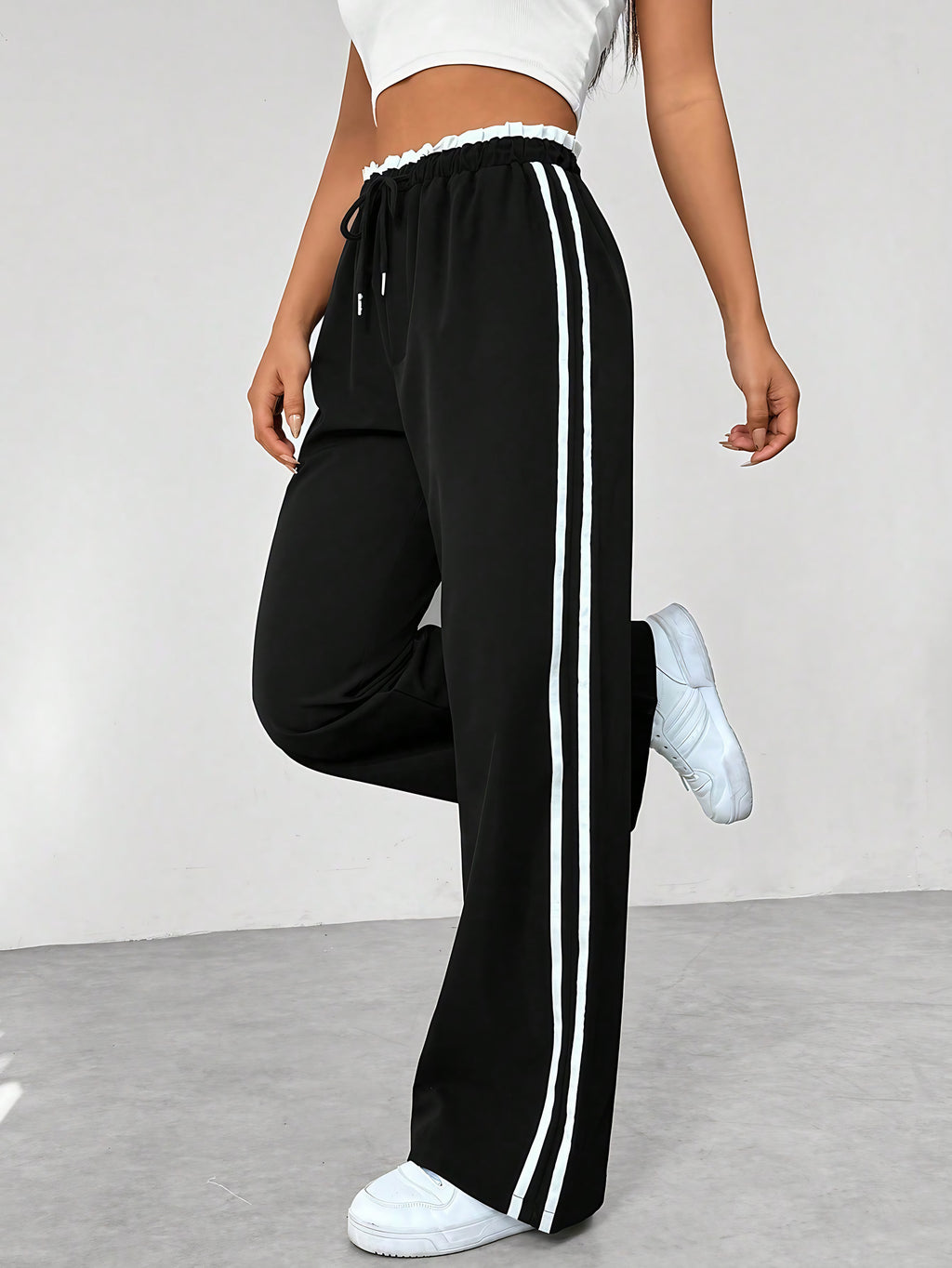 Pantalon large femme à bandes latérales, taille élastique, noir