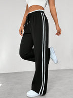 Pantalon large femme à bandes latérales, taille élastique, noir
