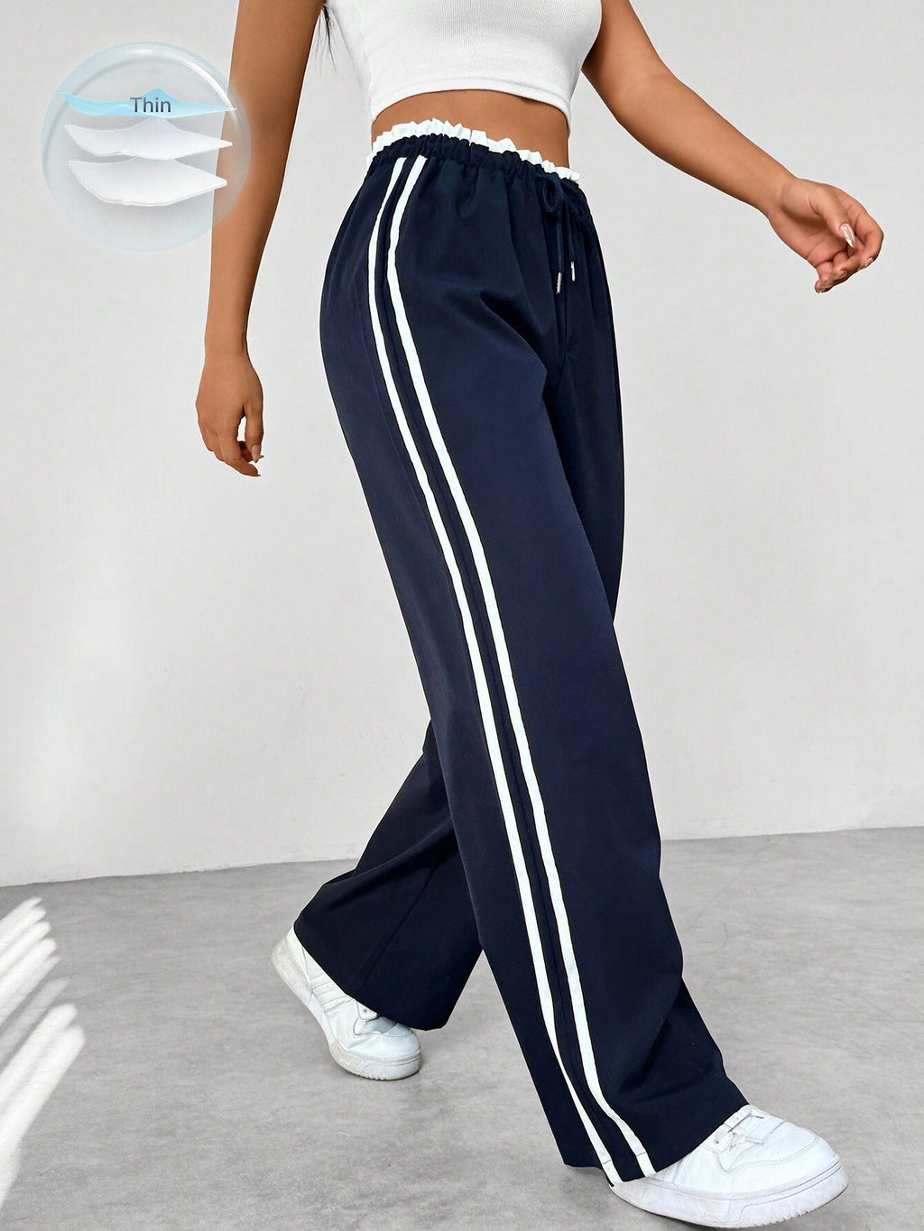 Pantalon large femme à bandes latérales, taille élastique