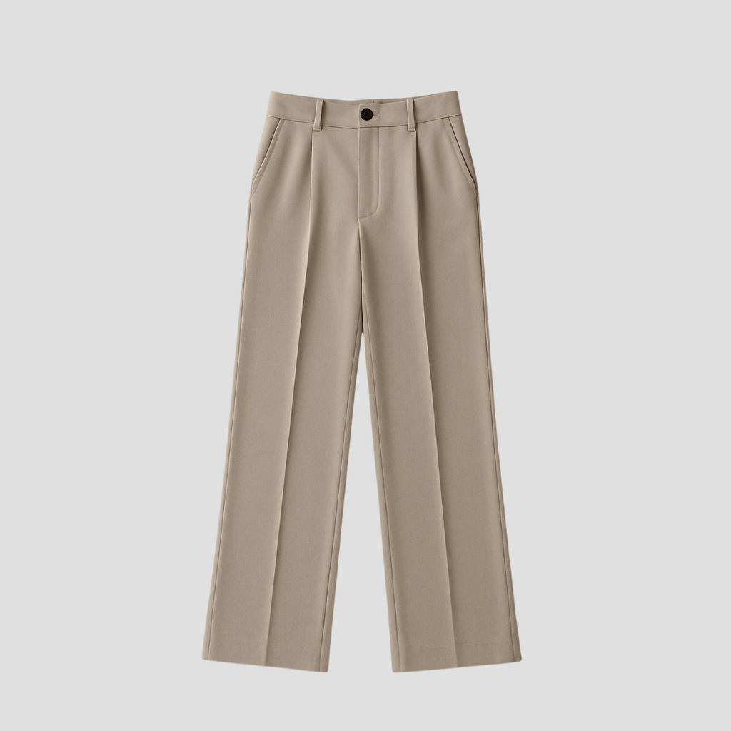 Pantalon large femme taille haute à plis, taupe clair