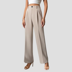 Pantalon large femme taille haute à plis, taupe clair