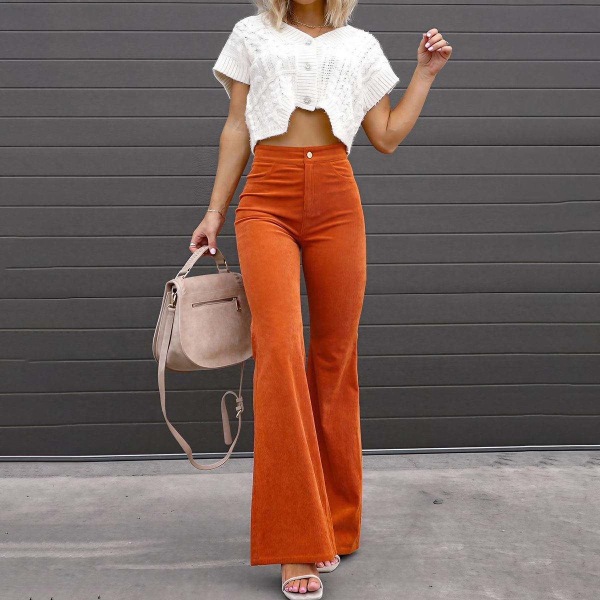 Pantalon large femme taille haute, bouton et zip, du S au 3XL