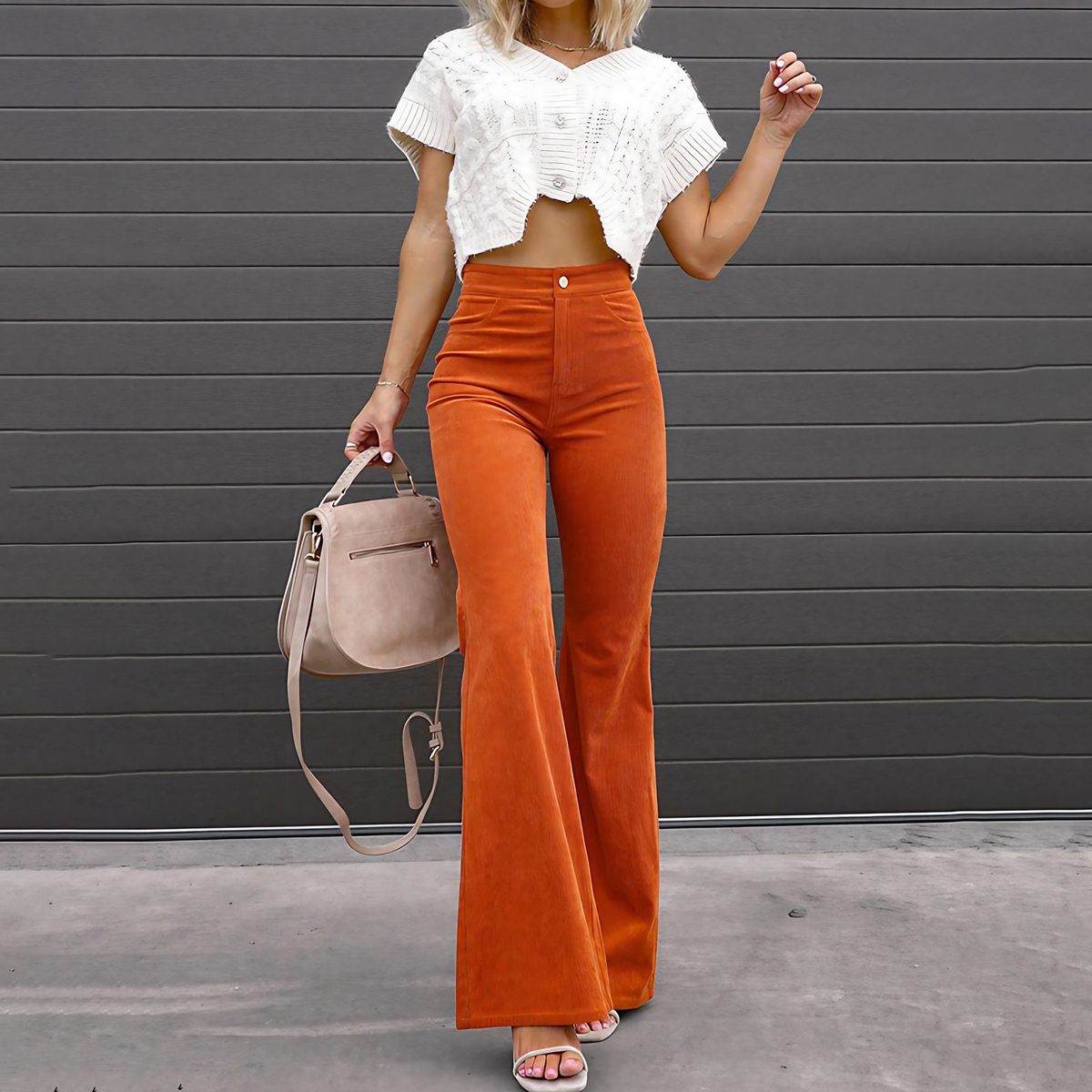 Pantalon large femme taille haute, bouton et zip, du S au 3XL, orange