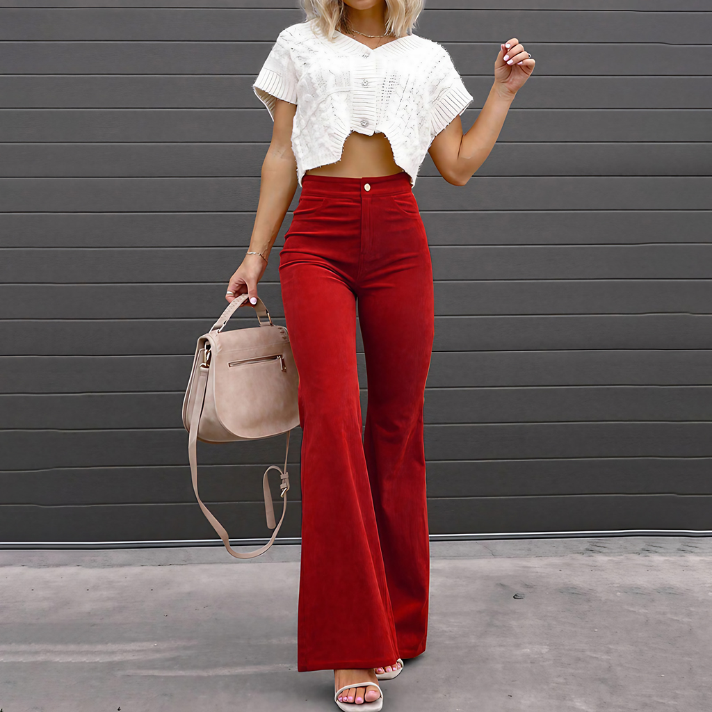 Pantalon large femme taille haute, bouton et zip, du S au 3XL, rouge carmin