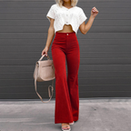 Pantalon large femme taille haute, bouton et zip, du S au 3XL, rouge carmin