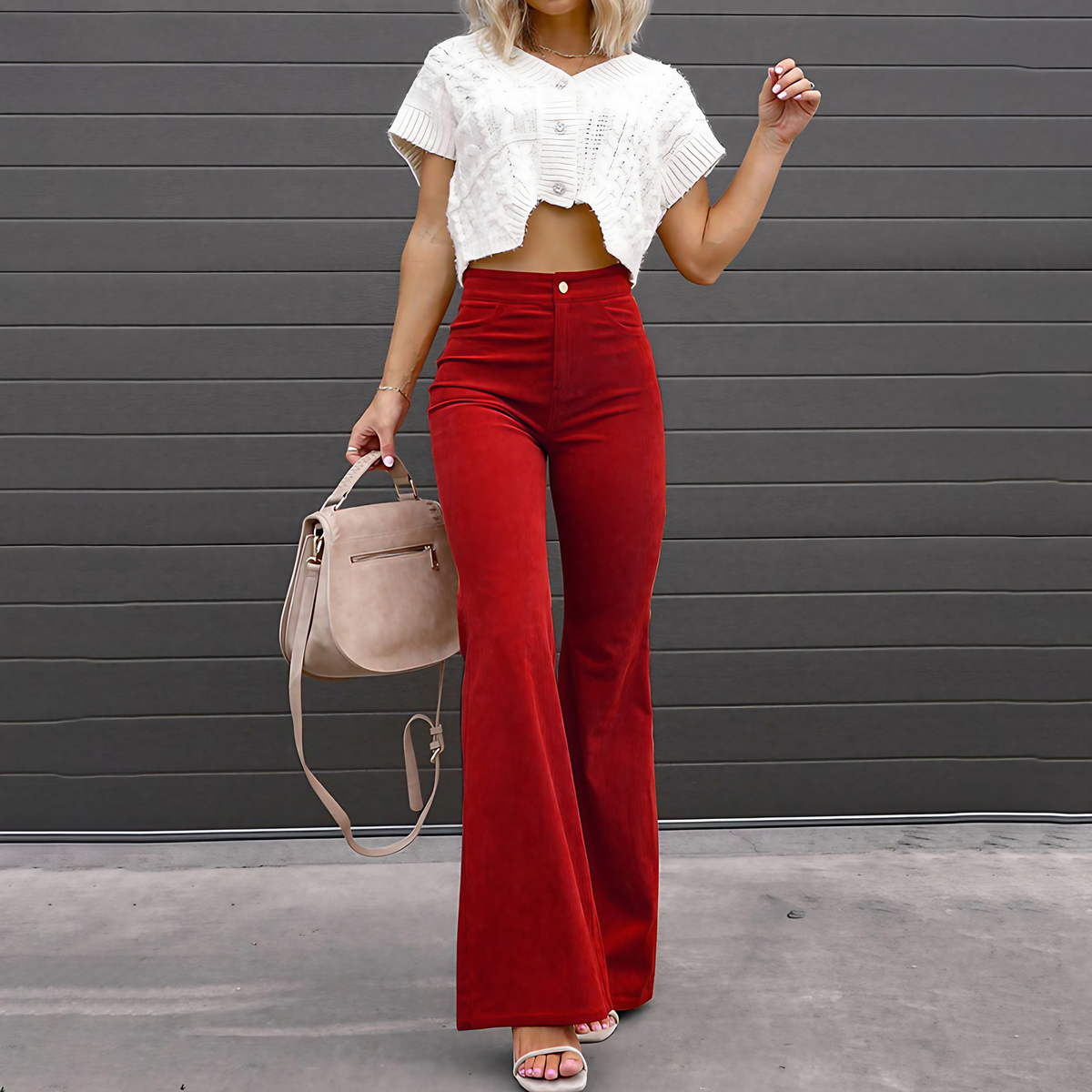 Pantalon large femme taille haute, bouton et zip, du S au 3XL, rouge carmin