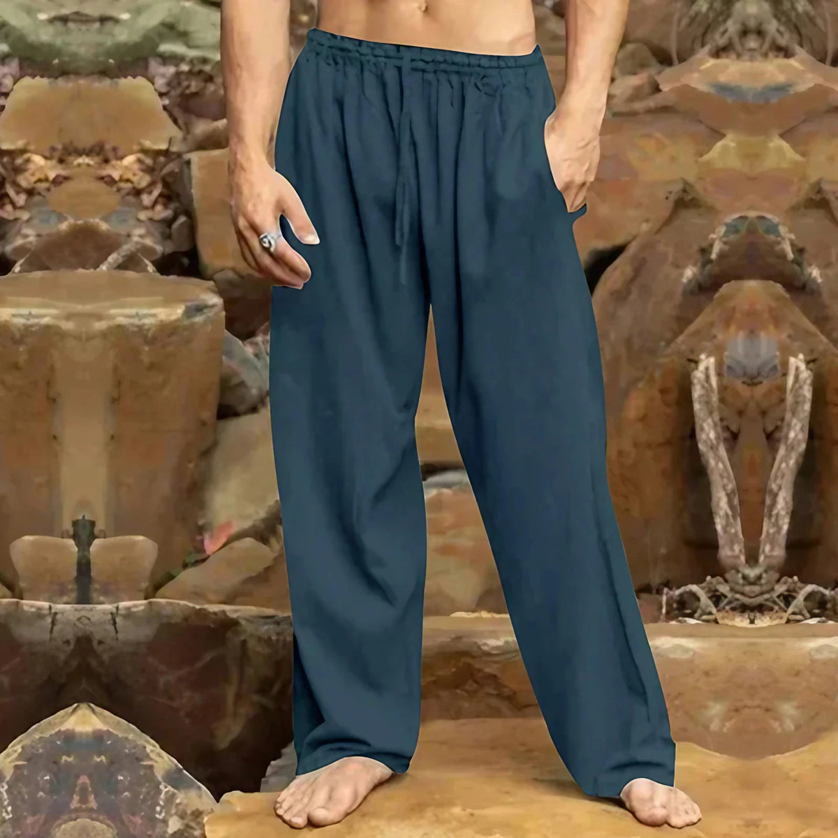 Pantalon homme d'été, coupe ajustée, sept coloris, bleu foncé