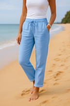 Pantalon femme à taille élastique, six coloris, du 36 au 46, bleu
