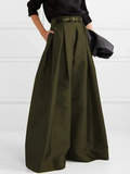 Pantalon large plissé femme taille haute, polyester mélangé, vert armée