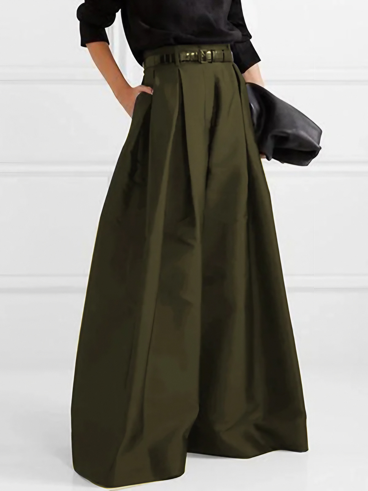 Pantalon large plissé femme taille haute, polyester mélangé, vert armée