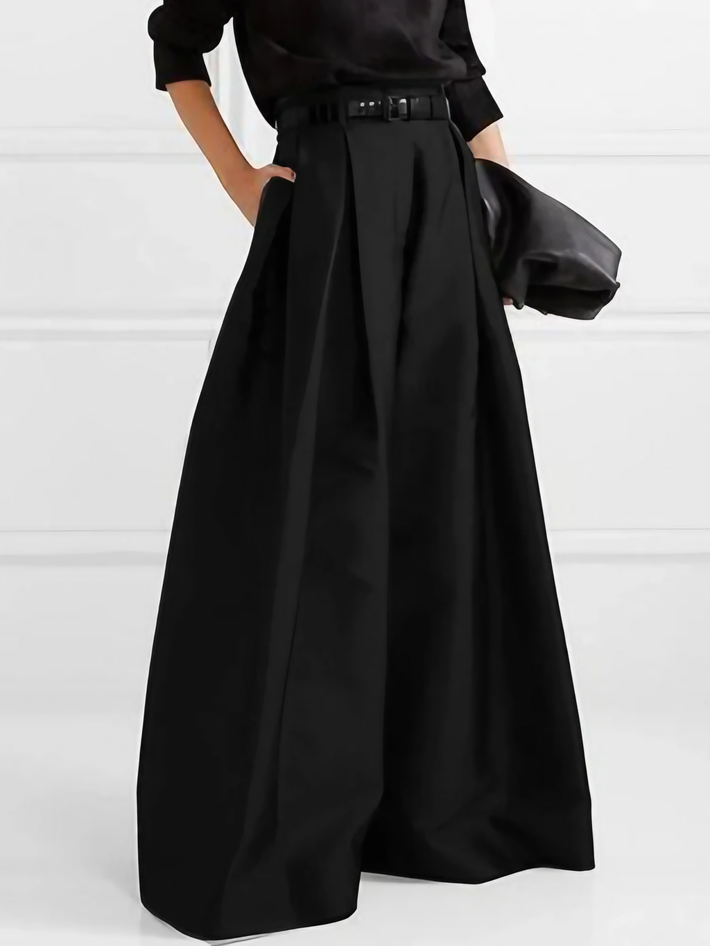 Pantalon large plissé femme taille haute, polyester mélangé, noir