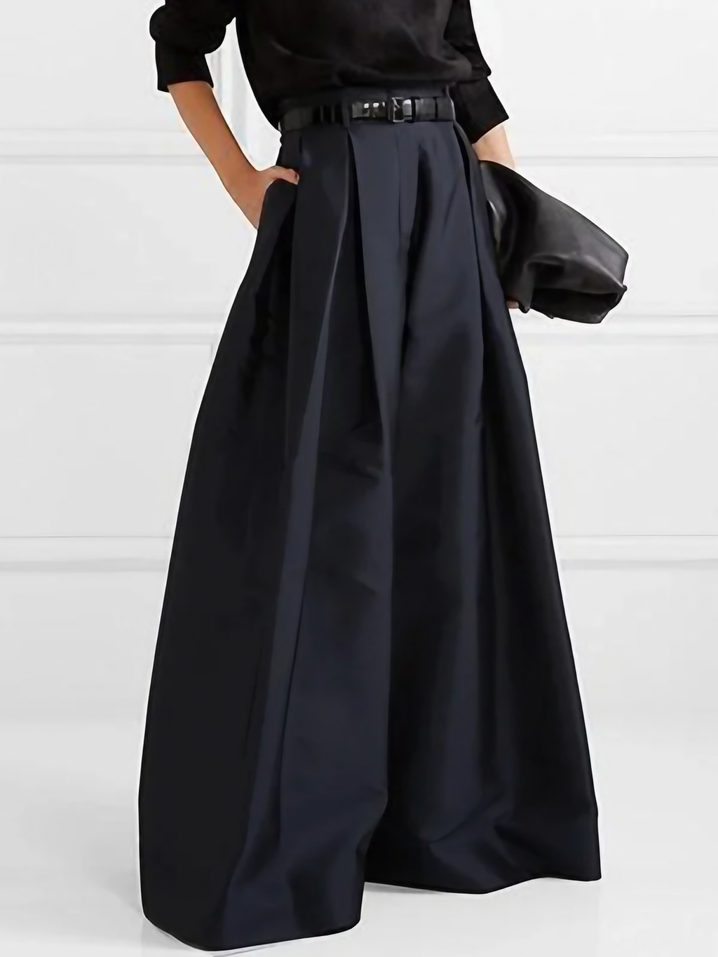 Pantalon large plissé femme taille haute, polyester mélangé, bleu marine