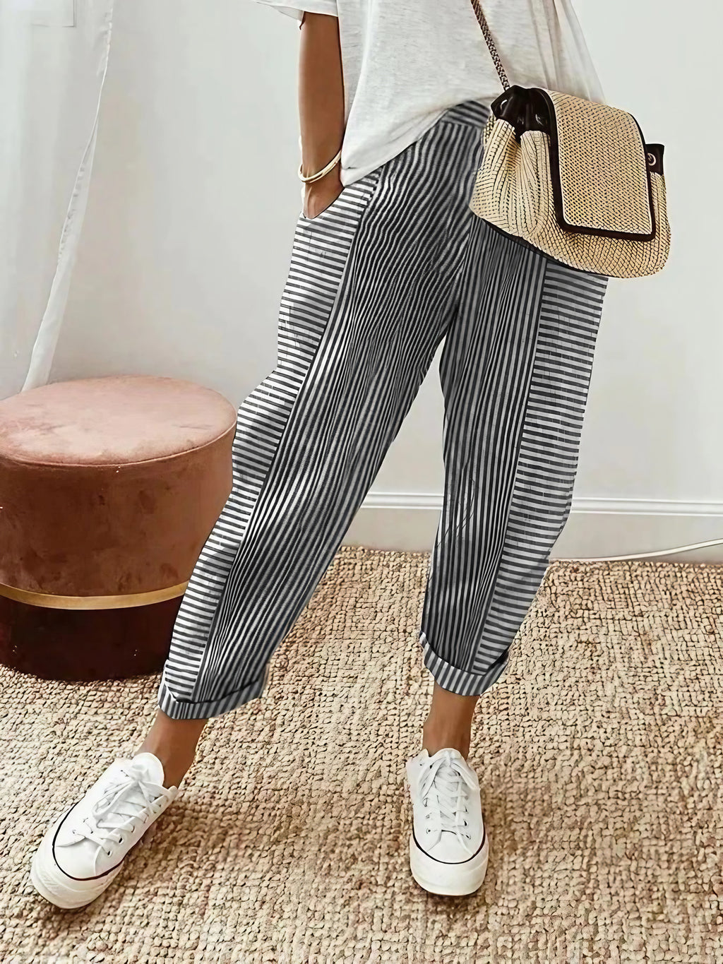Pantalon rayé femme en coton, taille haute à cordon, six coloris, noir
