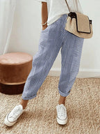 Pantalon rayé femme en coton, taille haute à cordon, six coloris, bleu