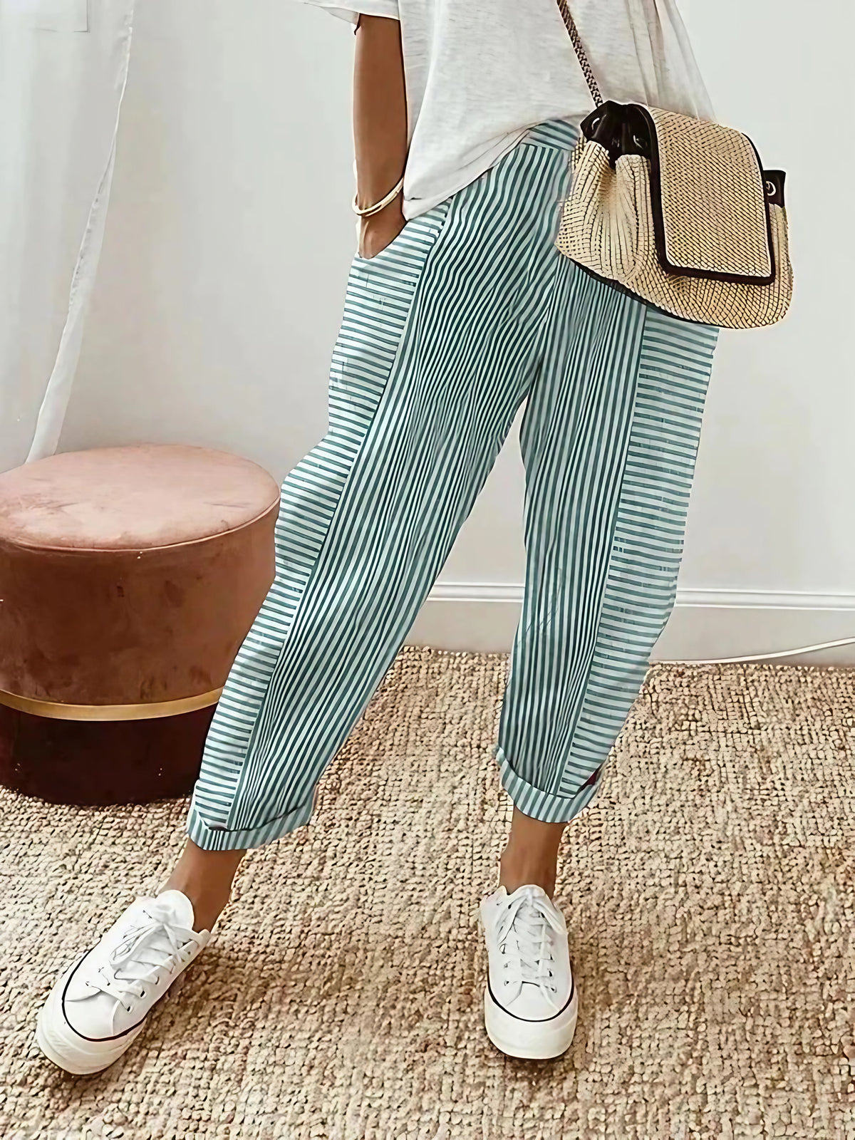 Pantalon rayé femme en coton, taille haute à cordon, six coloris, vert