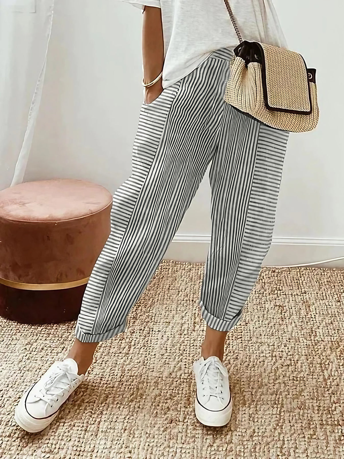 Pantalon rayé femme en coton, taille haute à cordon, six coloris, gris clair