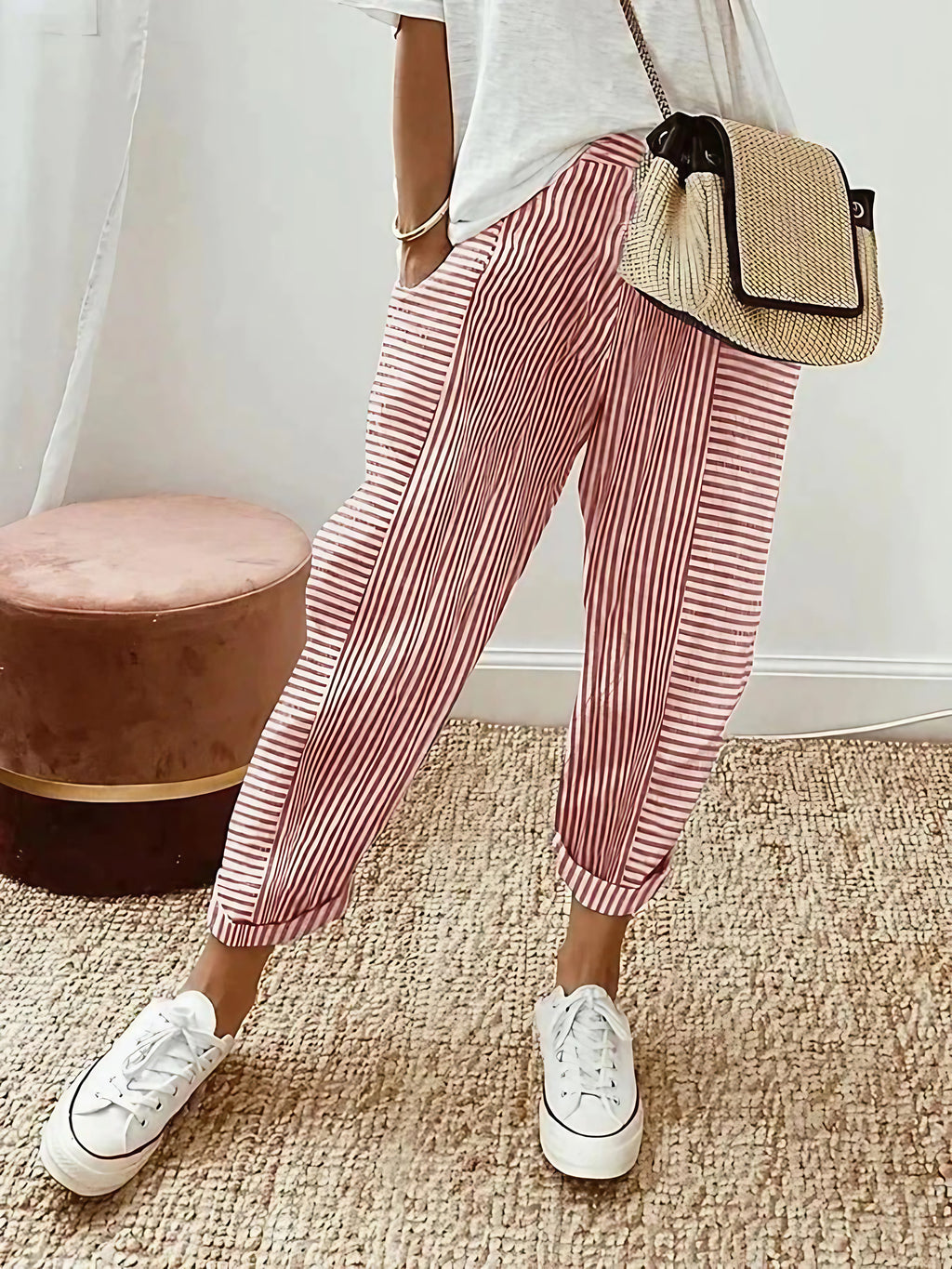 Pantalon rayé femme en coton, taille haute à cordon, six coloris, rouge