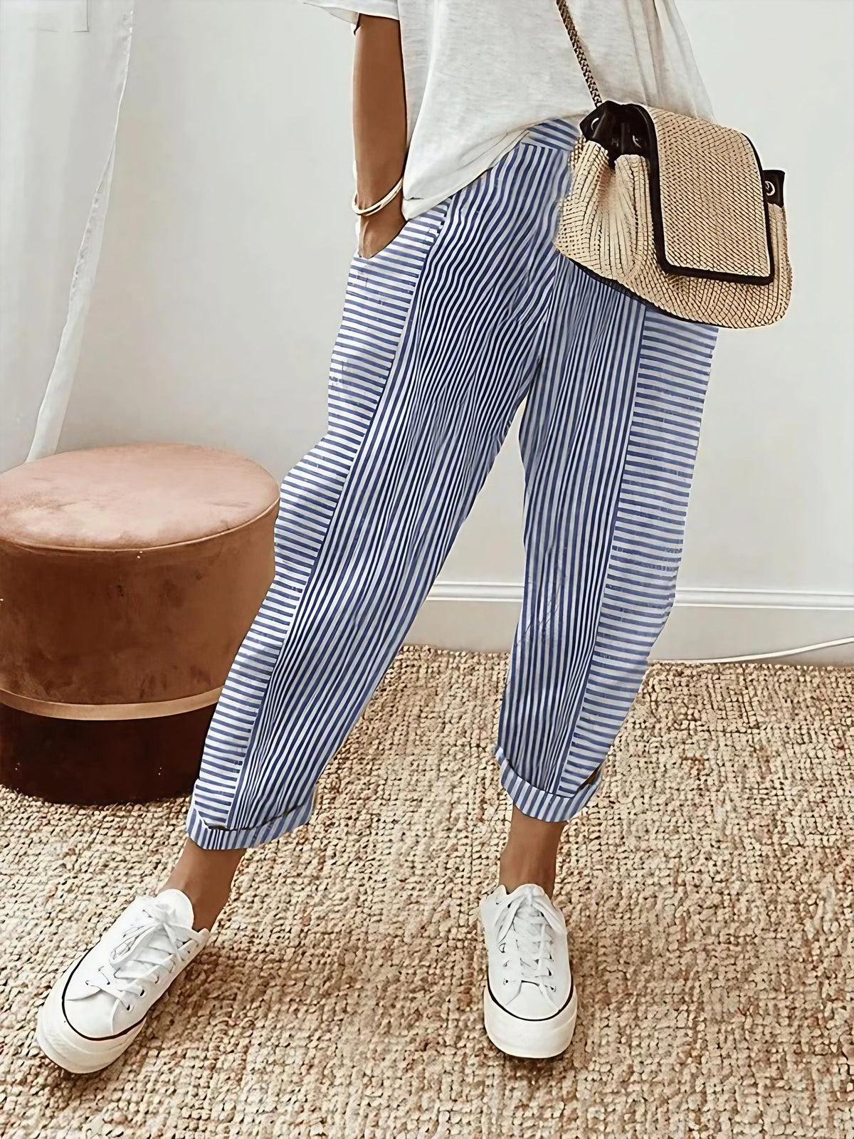 Pantalon rayé femme taille haute à cordon, poches latérales, bleu