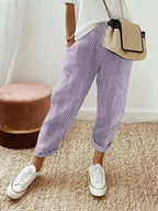 Pantalon rayé femme taille haute à cordon, poches latérales, pourpre