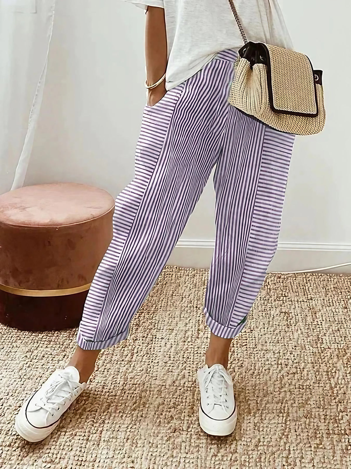 Pantalon rayé femme taille haute à cordon, poches latérales, pourpre