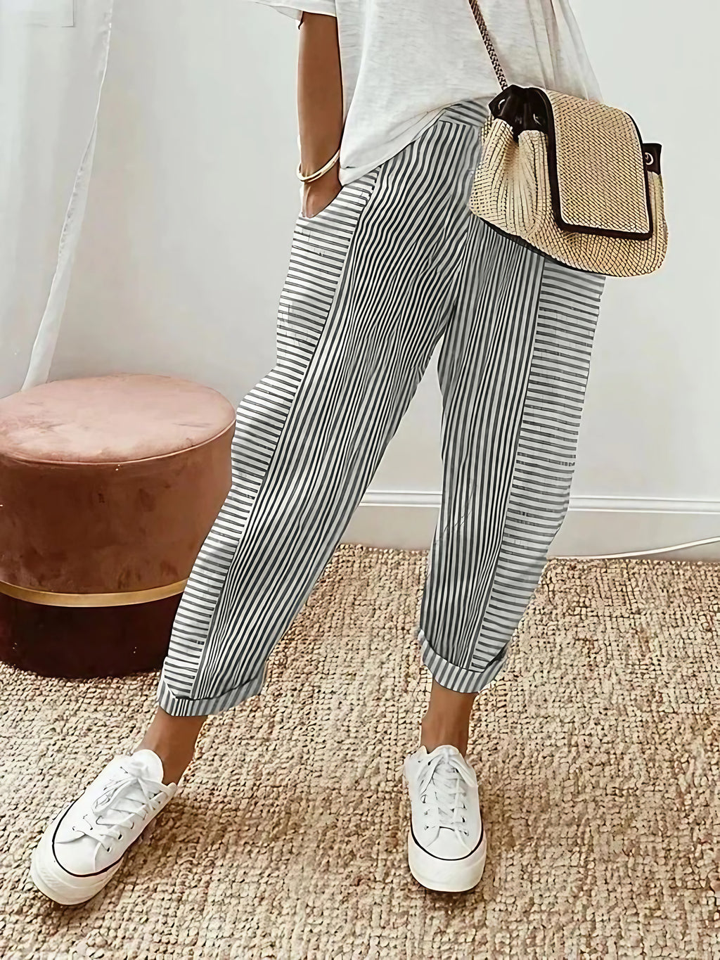 Pantalon rayé femme taille haute à cordon, poches latérales, gris clair