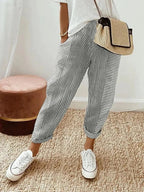 Pantalon rayé femme taille haute à cordon, poches latérales, gris clair