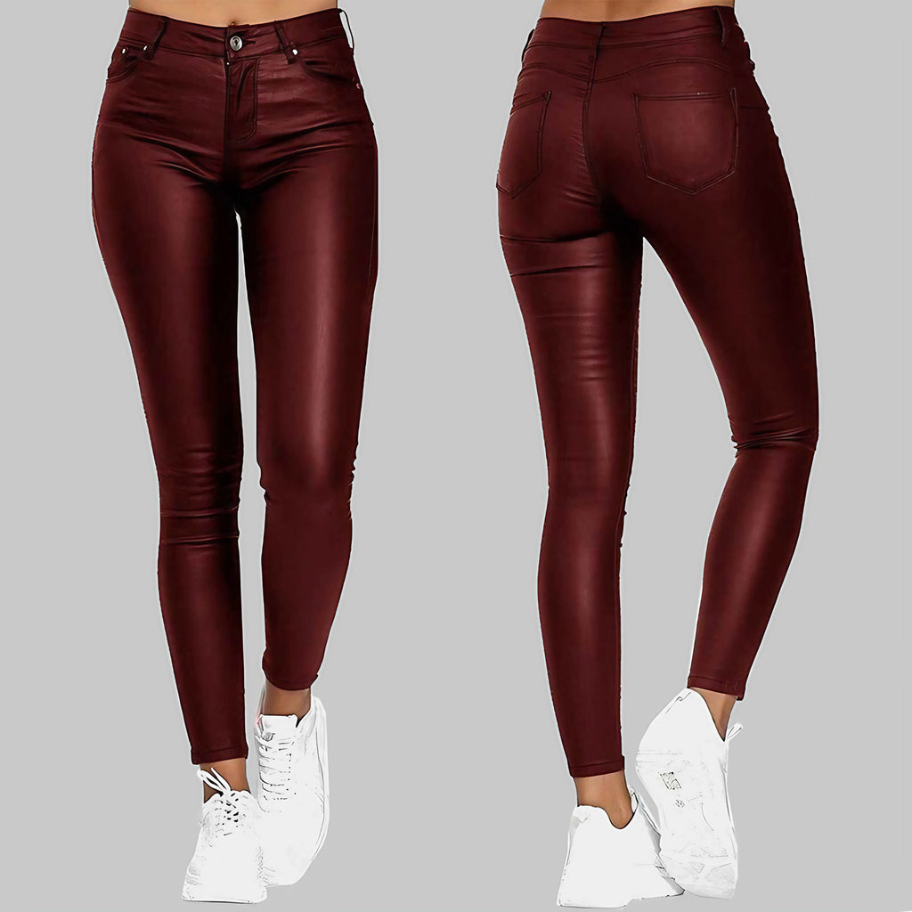 Pantalon skinny femme taille haute extensible, trois coloris, rouge