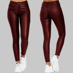 Pantalon skinny femme taille haute extensible, trois coloris, rouge