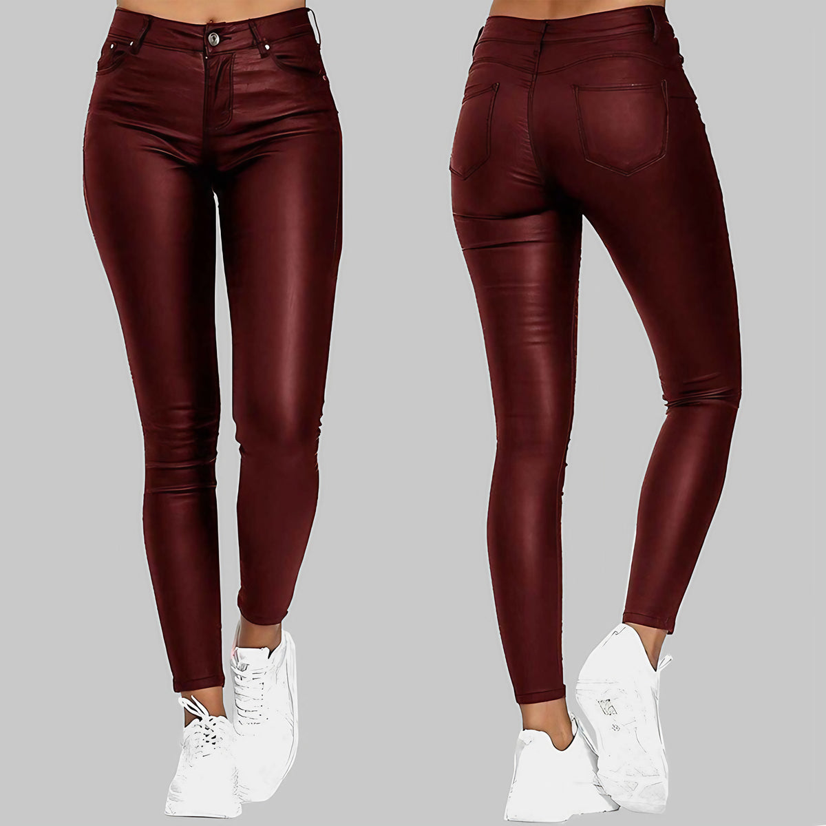 Pantalon skinny femme taille haute extensible, trois coloris, rouge