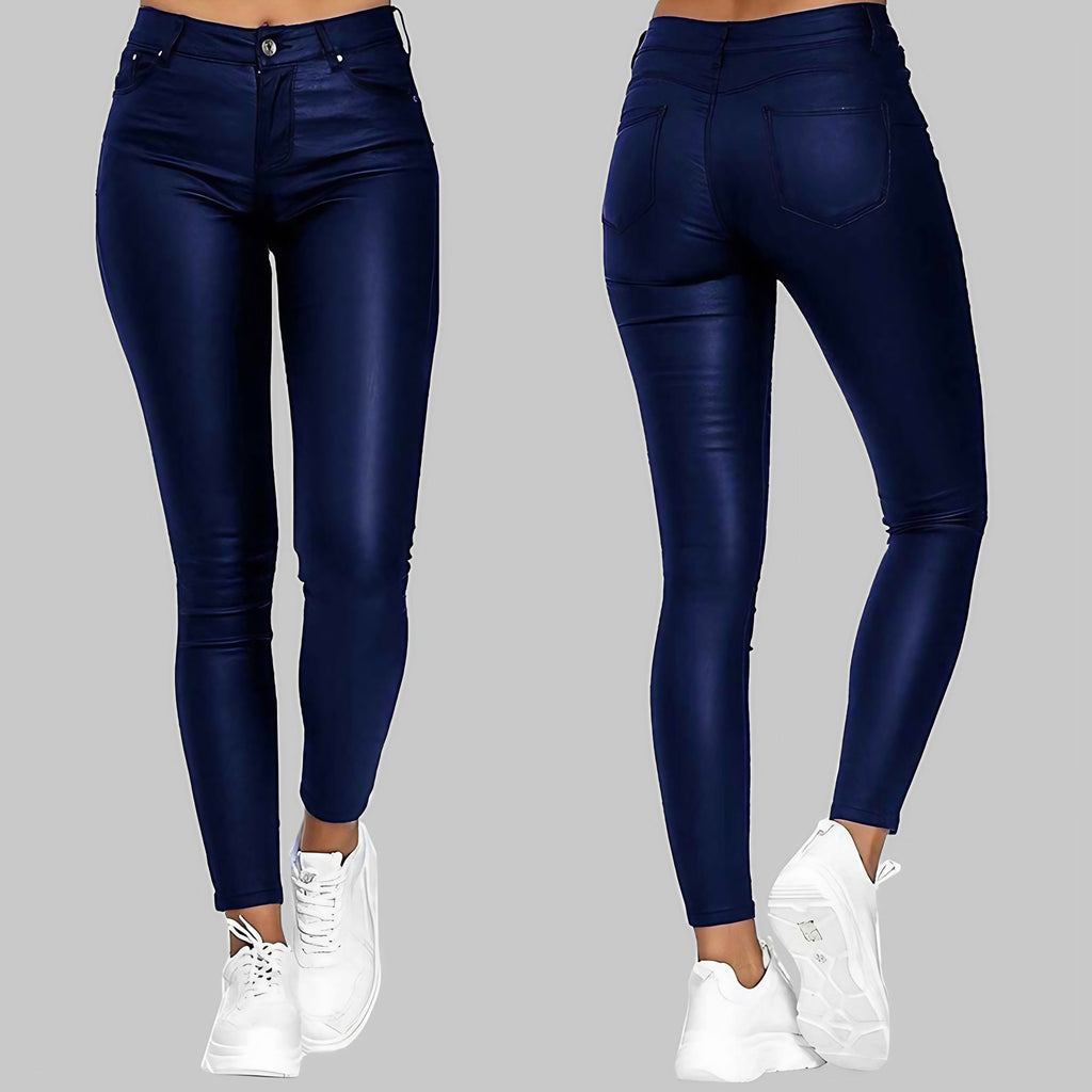 Pantalon skinny femme taille haute extensible, trois coloris, bleu
