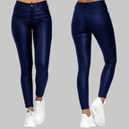 Pantalon skinny femme taille haute extensible, trois coloris, bleu
