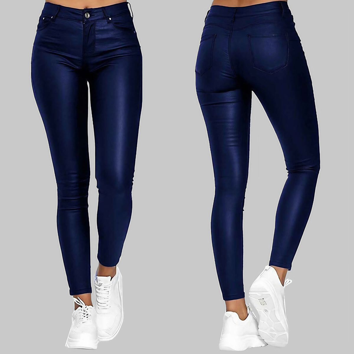Pantalon skinny femme taille haute extensible, trois coloris, bleu