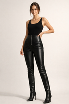 Pantalon slim femme taille haute effet cuir noir, zip devant, noir