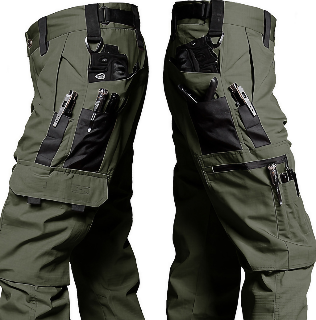 Pantalon tactique homme multipoches, zones extensibles, vert