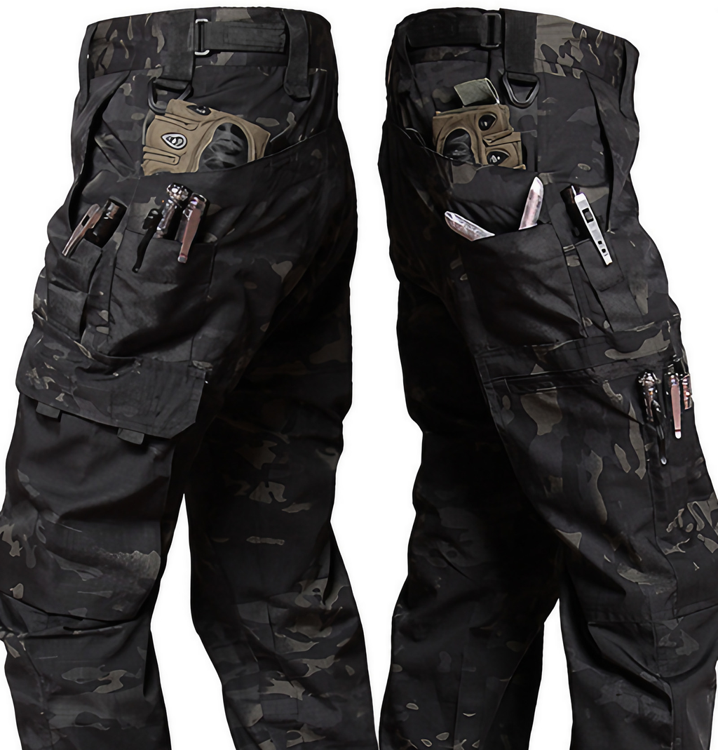 Pantalon tactique homme multipoches, zones extensibles, nuit noire