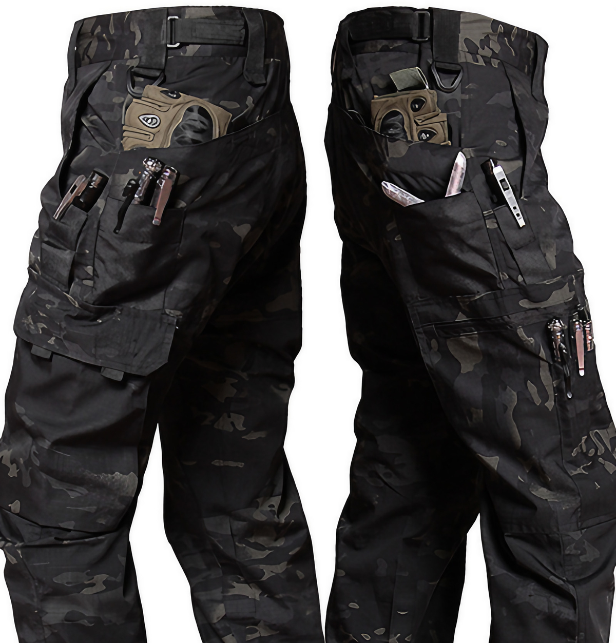 Pantalon tactique homme multipoches, zones extensibles, nuit noire